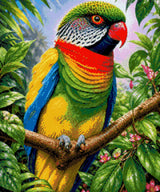 Vividly coloured parrot perched on a branch surrounded by lush foliage and pink flowers. Size - 50cm x 60cm