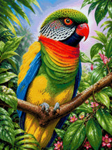 Vividly coloured parrot perched on a branch surrounded by lush foliage and pink flowers. Size - 60cm x 80cm