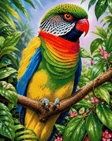 Vividly coloured parrot perched on a branch surrounded by lush foliage and pink flowers. Size - 80cm x 100cm