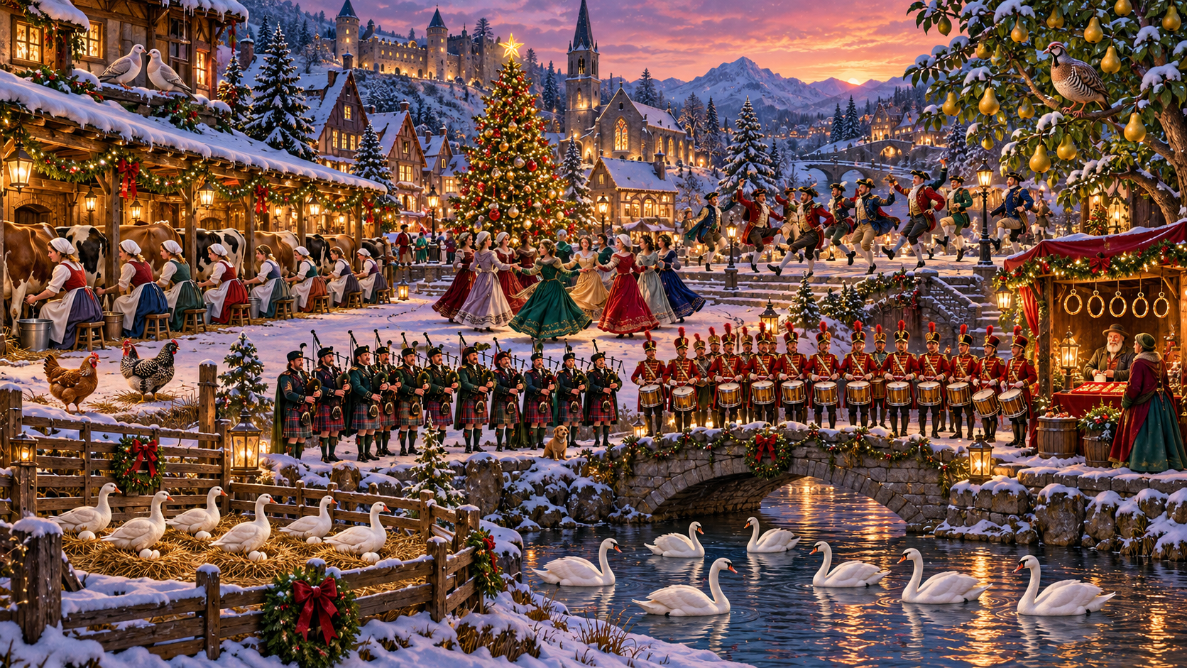 A diamond painting rendering of Winter village Christmas scene with dancers, musicians, swans on river, and decorated tree at sunset