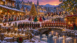 A diamond painting rendering of Winter village Christmas scene with dancers, musicians, swans on river, and decorated tree at sunset
