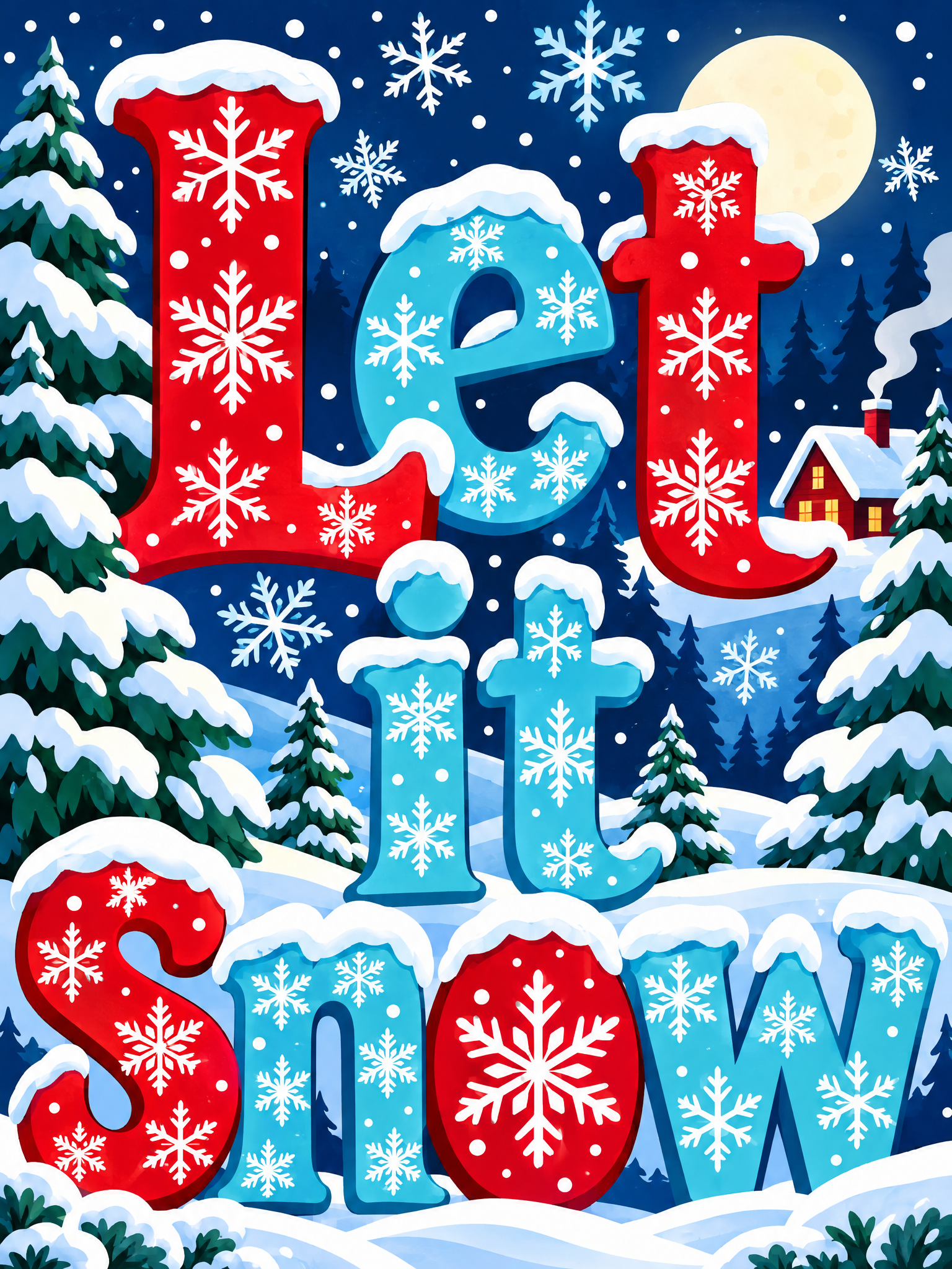 A diamond painting rendering of Let it Snow text with snowflakes, snow-covered trees, and a moonlit cabin
