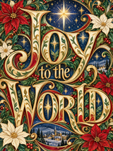 A diamond painting rendering of Golden ornate letters saying Joy to the World with poinsettias and holly on starry night background