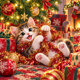A diamond painting rendering of Playful kitten surrounded by Christmas tree, tinsel, baubles, and wrapped gifts