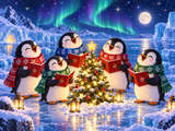 A diamond painting rendering of Five penguins in festive scarves caroling around a decorated Christmas tree on ice under northern lights