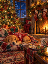 A diamond painting rendering of Golden retriever puppy sleeping by decorated Christmas tree and lit fireplace in a festive living room