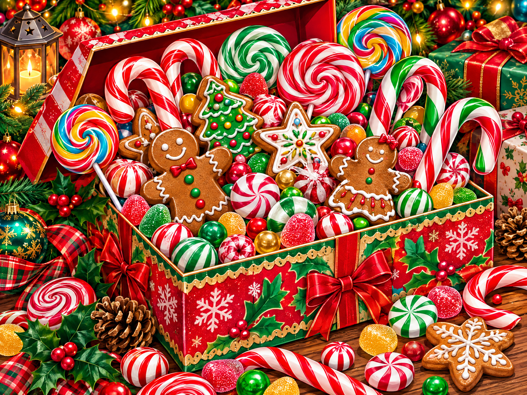 A diamond painting rendering of Christmas gift box with candy canes, gingerbread cookies, lollipops, and festive decorations
