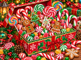 A diamond painting rendering of Christmas gift box with candy canes, gingerbread cookies, lollipops, and festive decorations