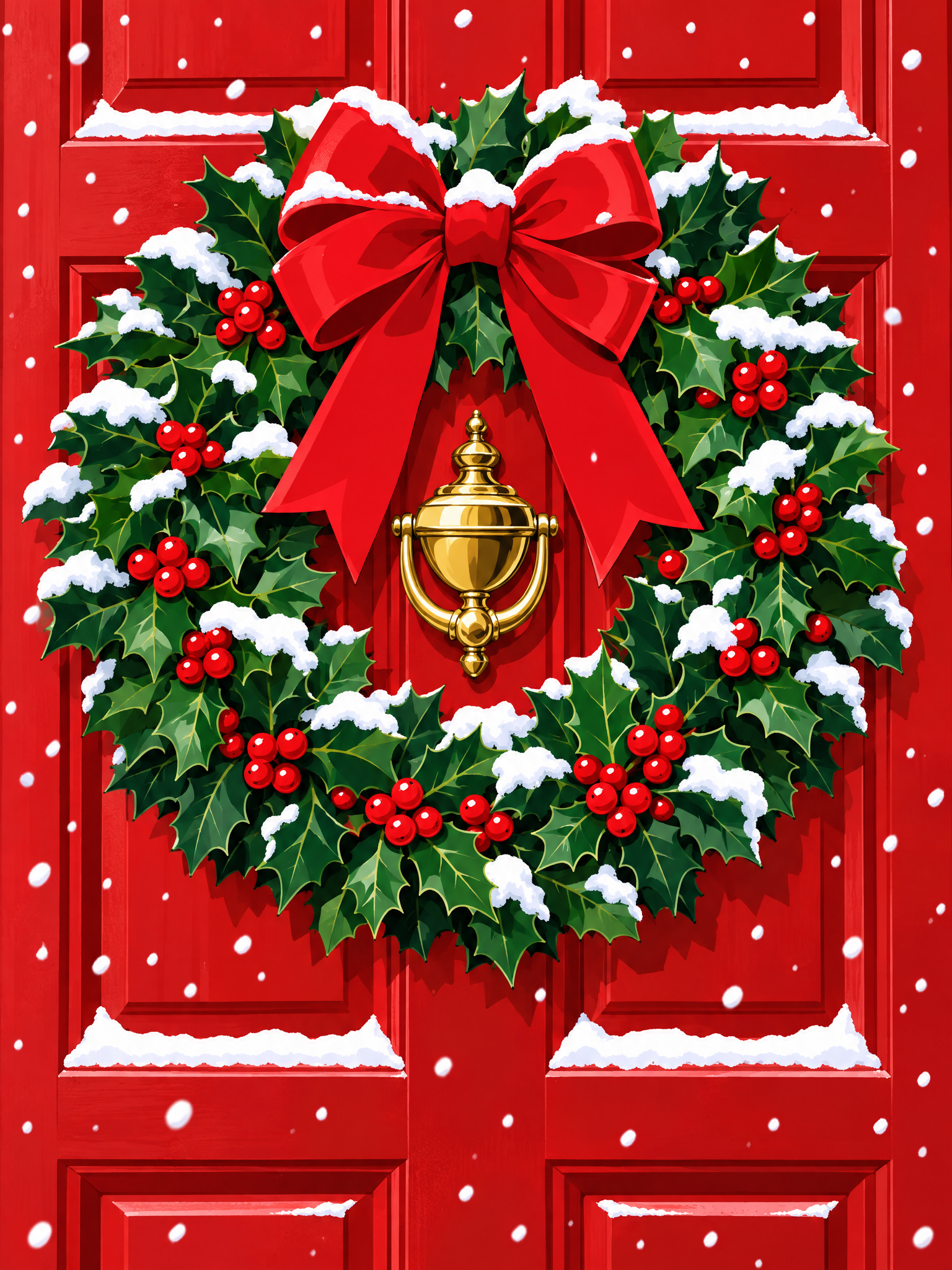 A diamond painting rendering of Christmas wreath with red bow and holly on red door dusted with snowflakes