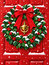 A diamond painting rendering of Christmas wreath with red bow and holly on red door dusted with snowflakes