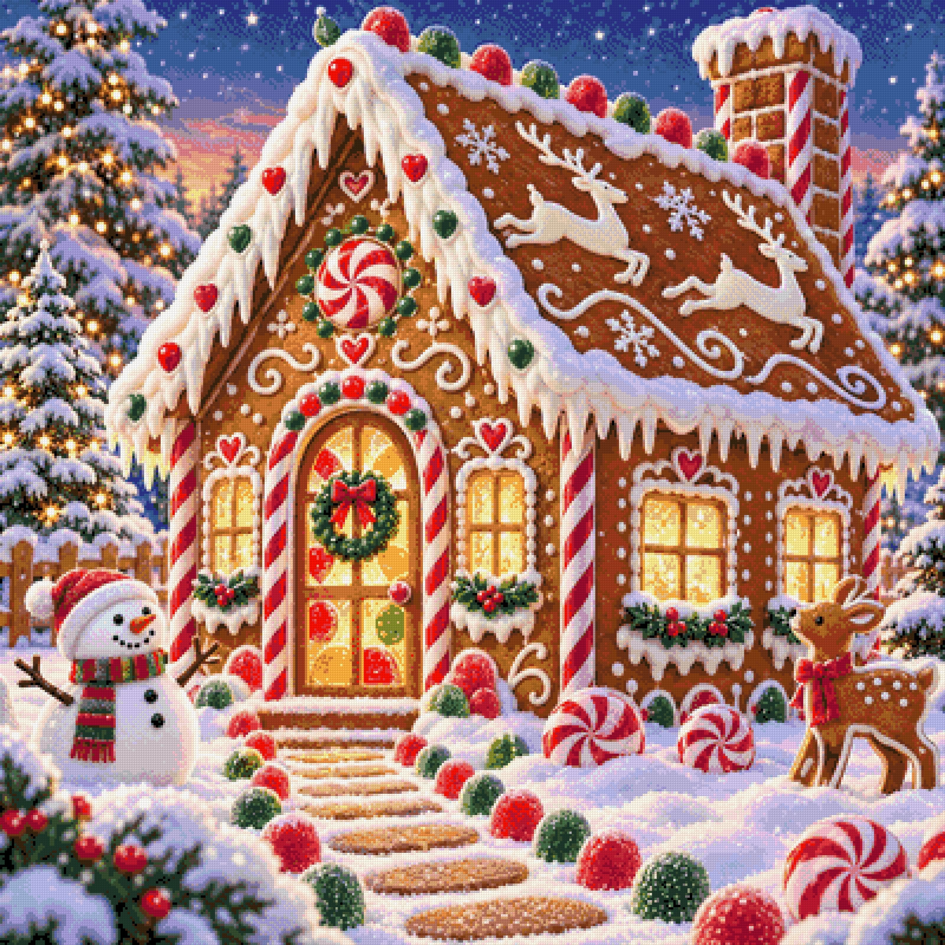 A diamond painting rendering of Gingerbread Cottage Size - 100cm x 100cm