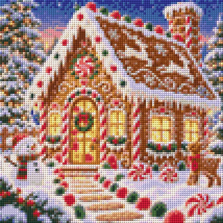 A diamond painting rendering of Gingerbread Cottage Size - 30cm x 30cm