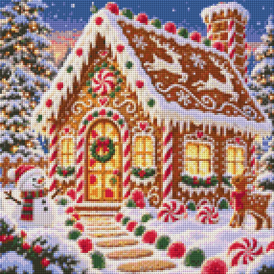 A diamond painting rendering of Gingerbread Cottage Size - 40cm x 40cm