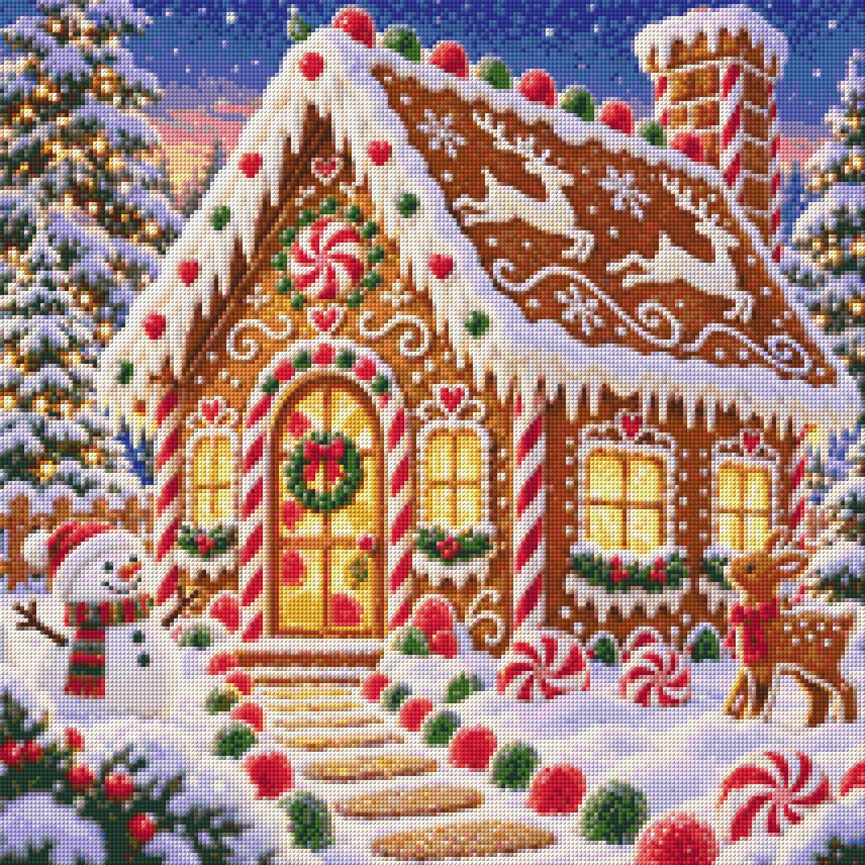 A diamond painting rendering of Gingerbread Cottage Size - 60cm x 60cm