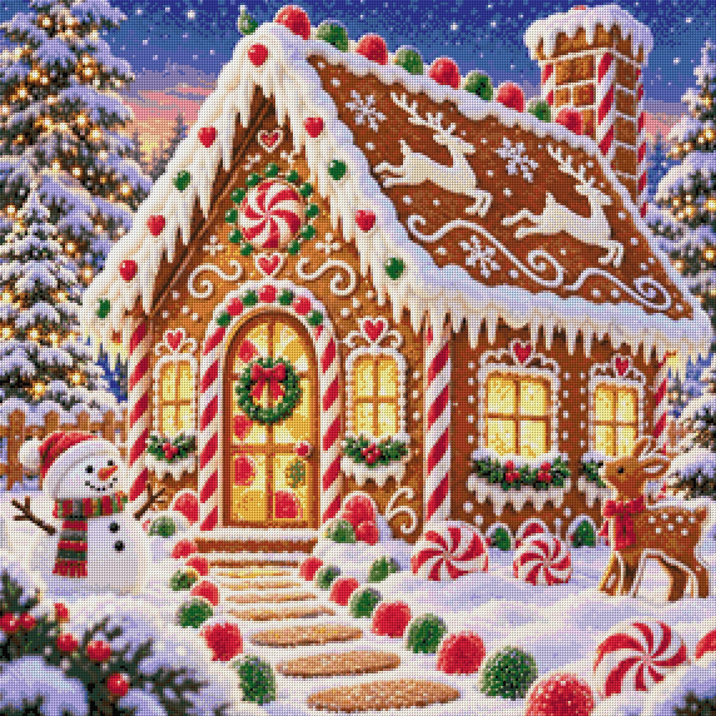A diamond painting rendering of Gingerbread Cottage Size - 80cm x 80cm