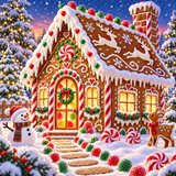 A diamond painting rendering of Gingerbread house decorated with icing, gumdrops, snowman and reindeer in snowy winter scene