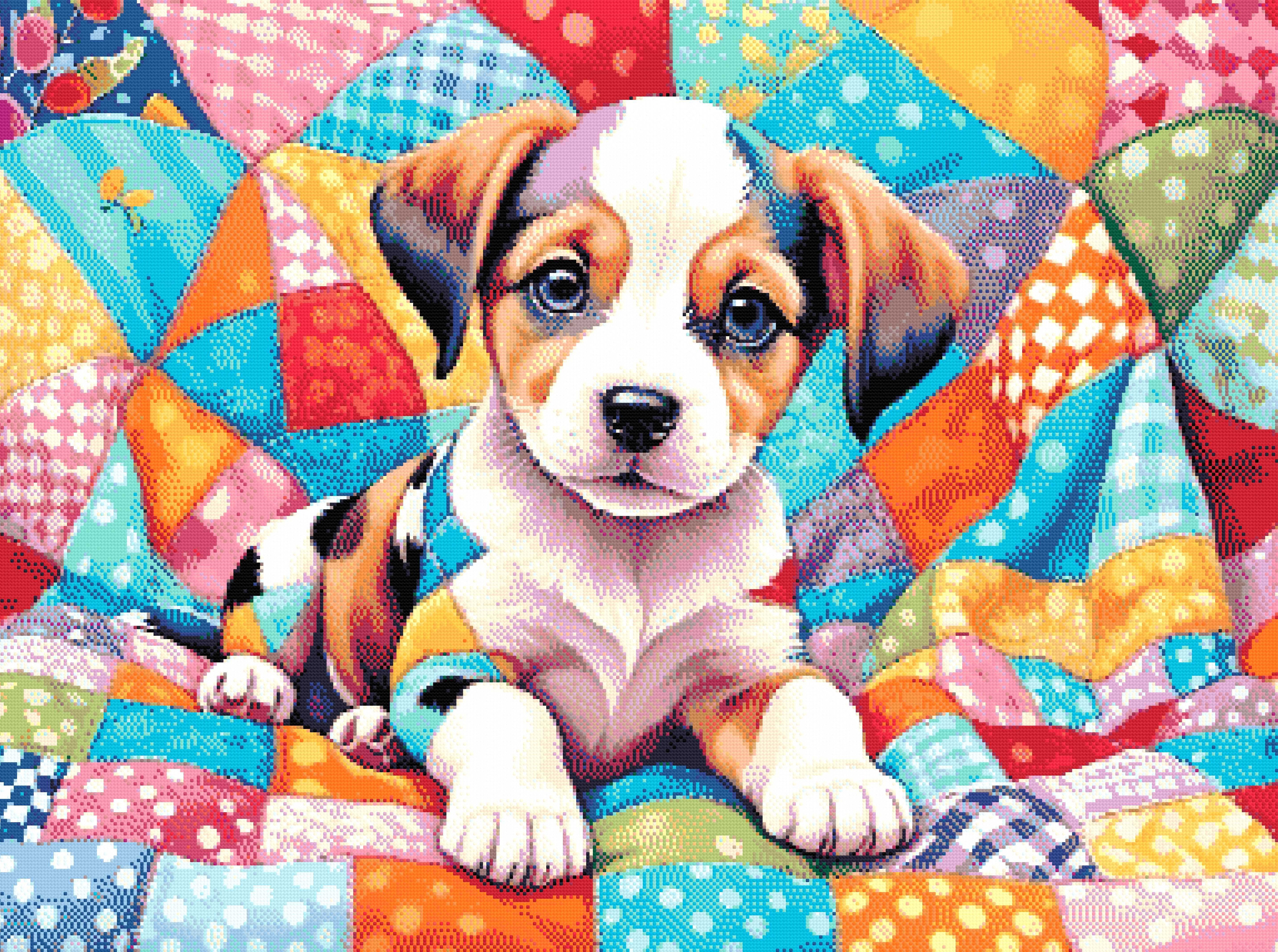 A Diamond Painting Rendering Of Puppy In Colourful Quilt Size - 110cm X 80cm