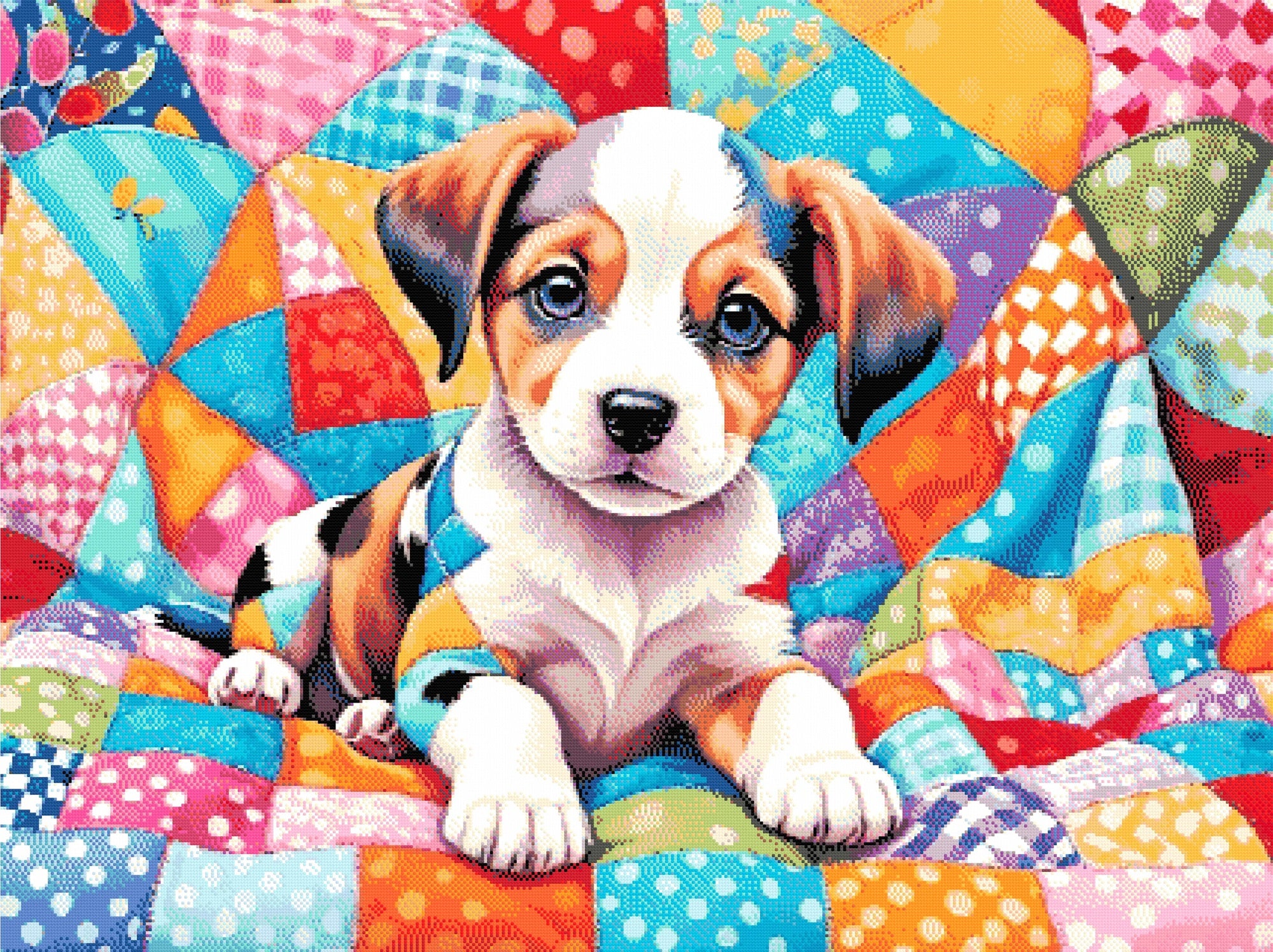 A Diamond Painting Rendering Of Puppy In Colourful Quilt Size - 120cm X 90cm