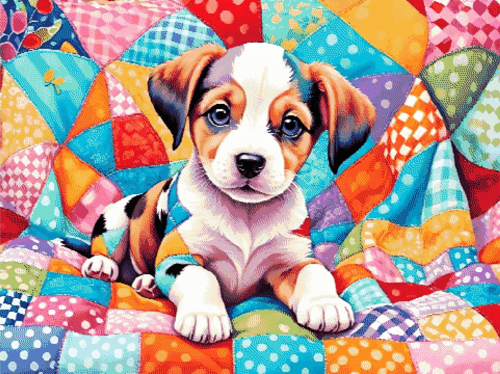 A Diamond Painting Rendering Of Puppy In Colourful Quilt Size - 120cm X 90cm