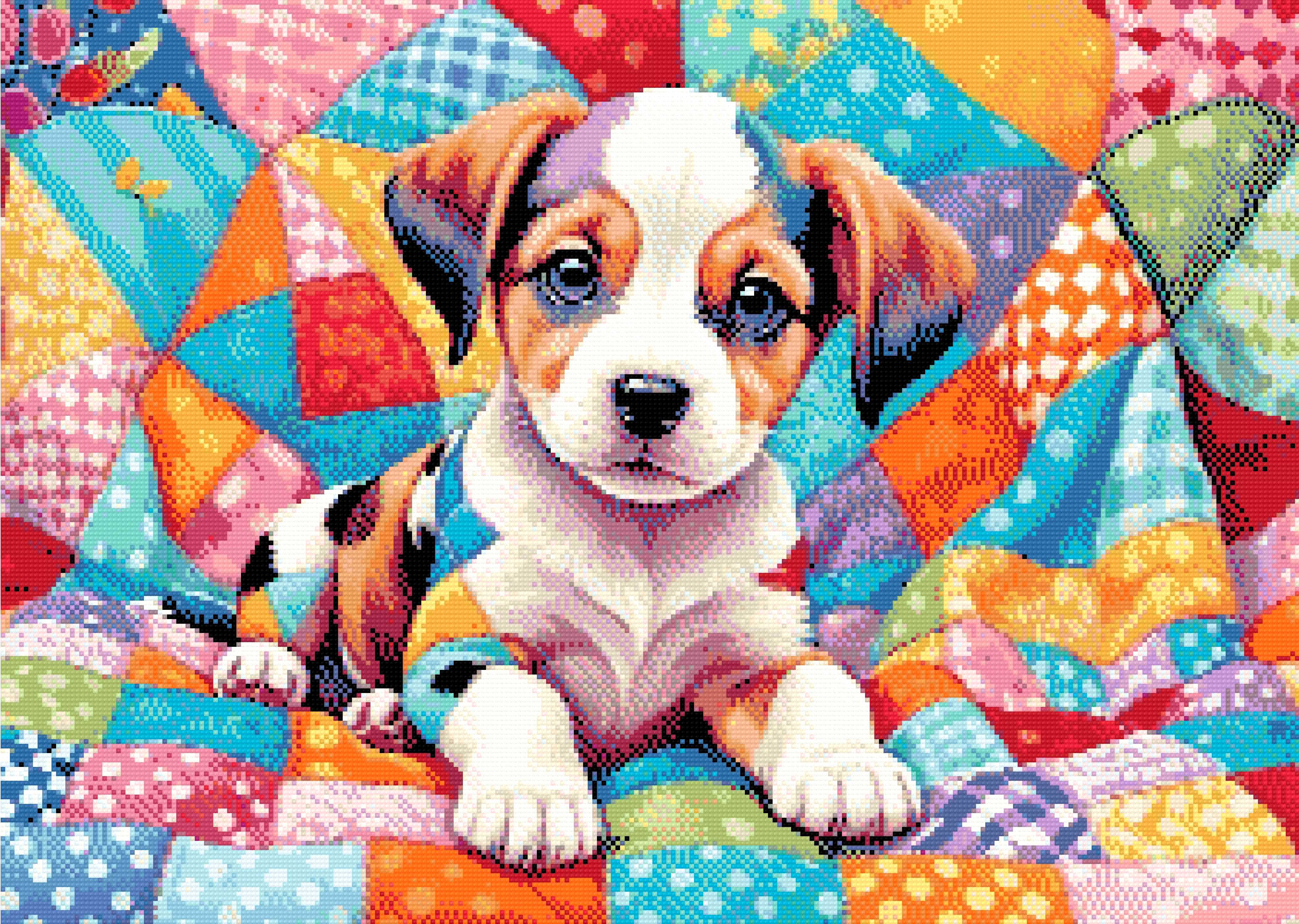 A Diamond Painting Rendering Of Puppy In Colourful Quilt Size - 70cm X 50cm