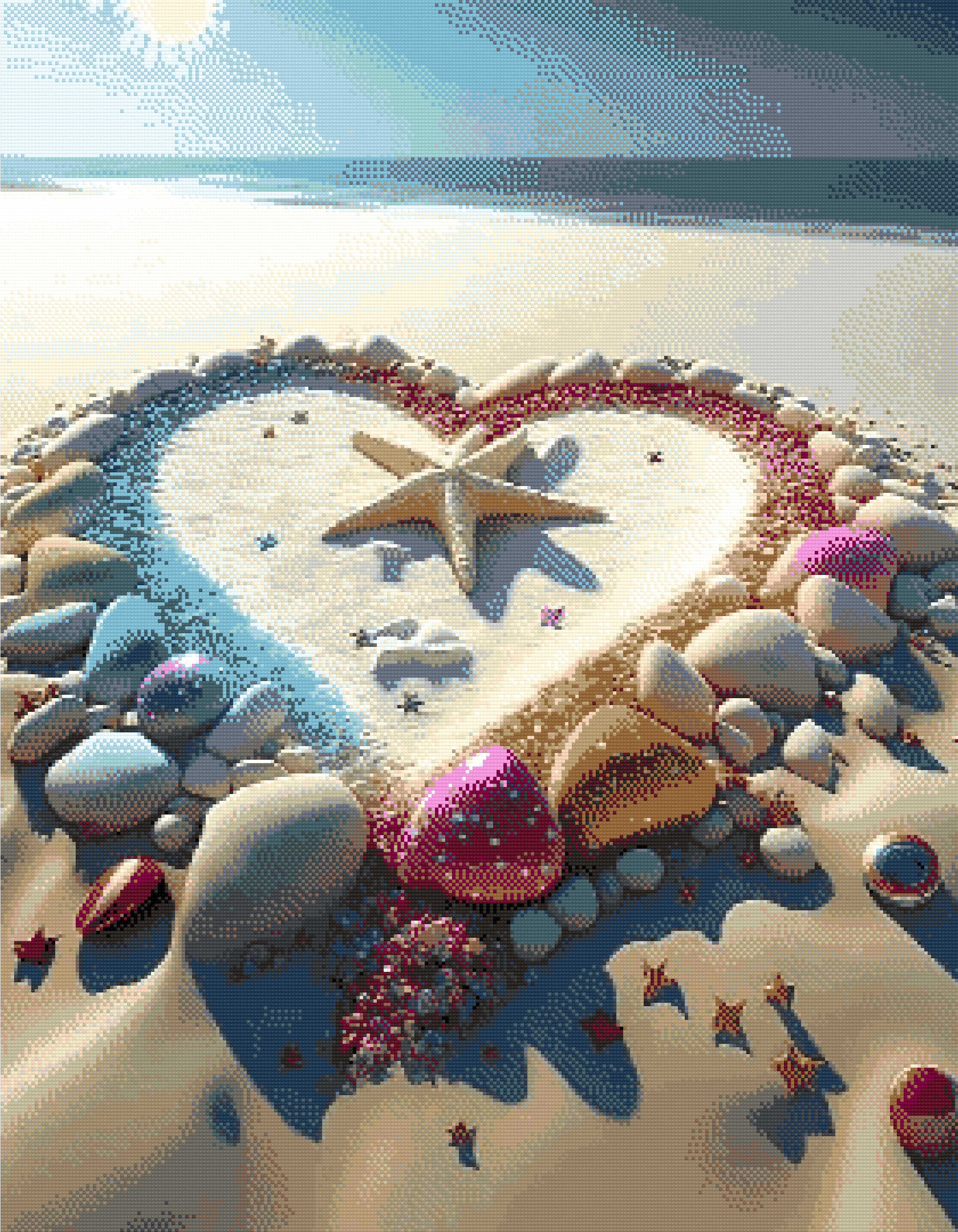A Diamond Painting Rendering Of Colourful Stone Heart With A Starfish Inside On A Beach. Size - 70cm X 90cm