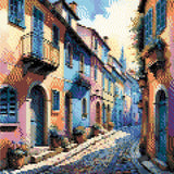 A Diamond Painting Rendering Of Colourful, Vibrant Street With Pastel-coloured Houses And Flowering Plants.. Size - 30cm X 30cm