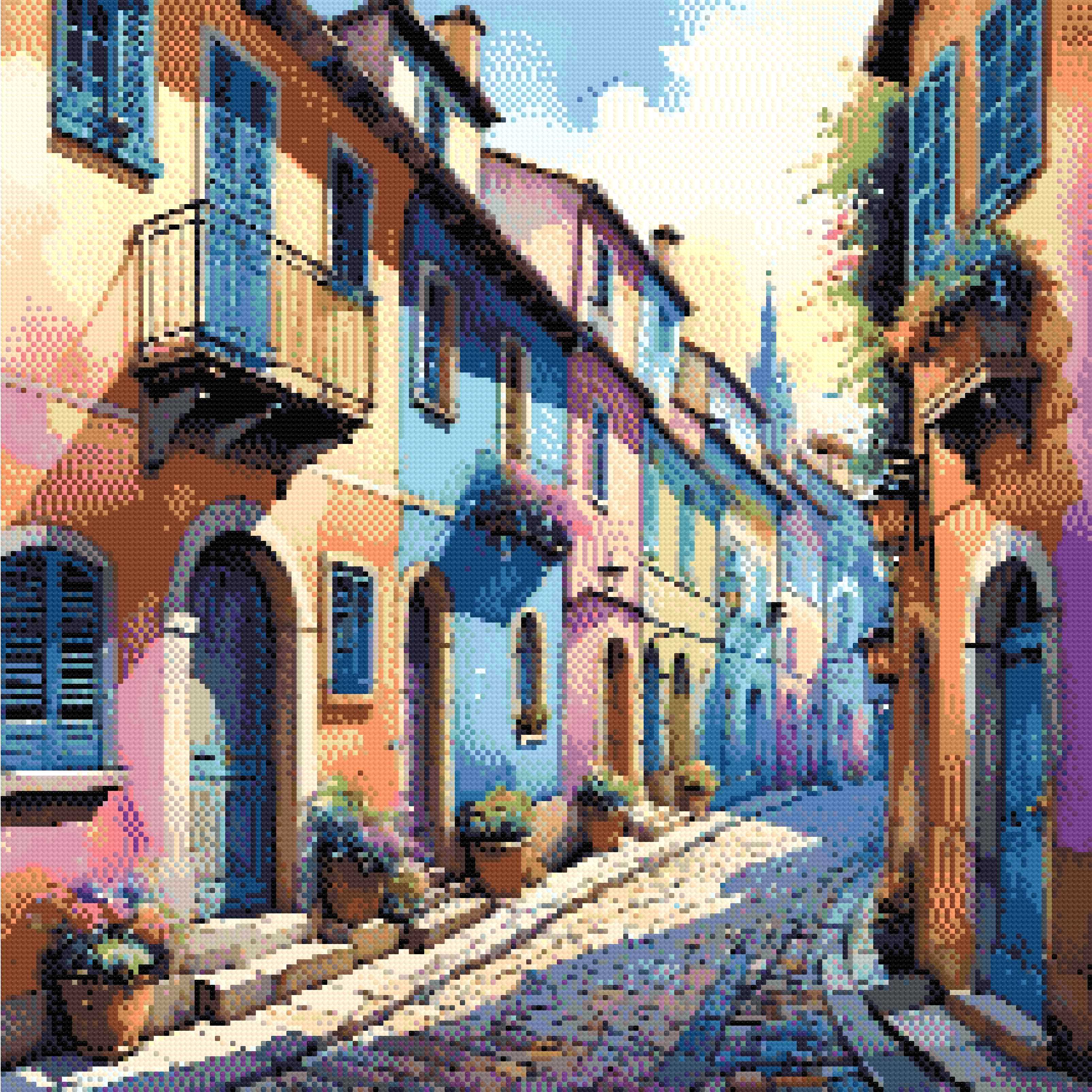 A Diamond Painting Rendering Of Colourful, Vibrant Street With Pastel-coloured Houses And Flowering Plants.. Size - 60cm X 60cm