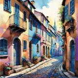A Diamond Painting Rendering Of Colourful, Vibrant Street With Pastel-coloured Houses And Flowering Plants.. Size - 60cm X 60cm
