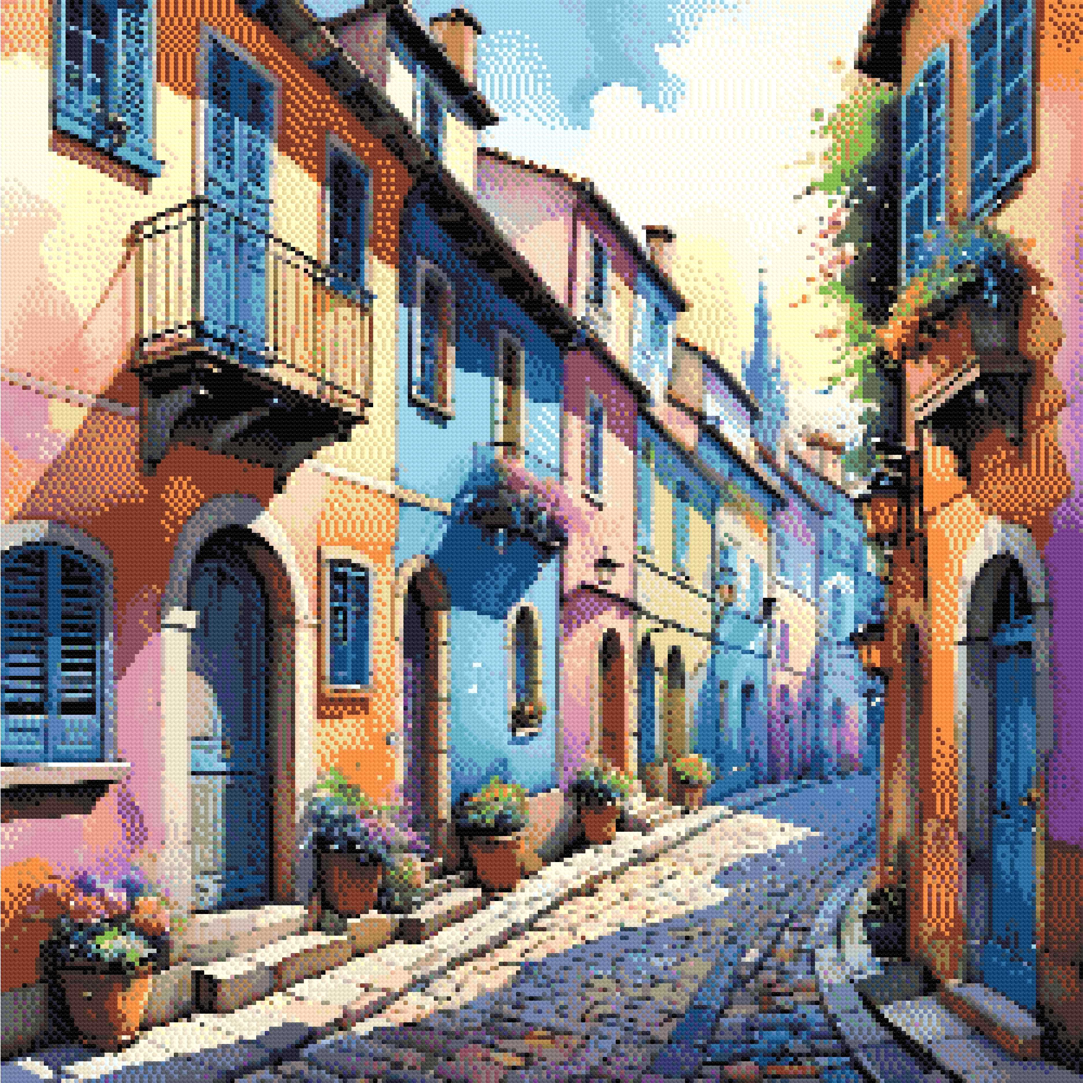 A Diamond Painting Rendering Of Colourful, Vibrant Street With Pastel-coloured Houses And Flowering Plants.. Size - 70cm X 70cm