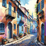 A Diamond Painting Rendering Of Colourful, Vibrant Street With Pastel-coloured Houses And Flowering Plants.. Size - 70cm X 70cm