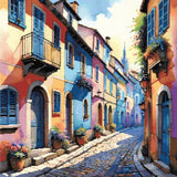 A Diamond Painting Rendering Of Colourful, Vibrant Street With Pastel-coloured Houses And Flowering Plants.. Size - 80cm X 80cm