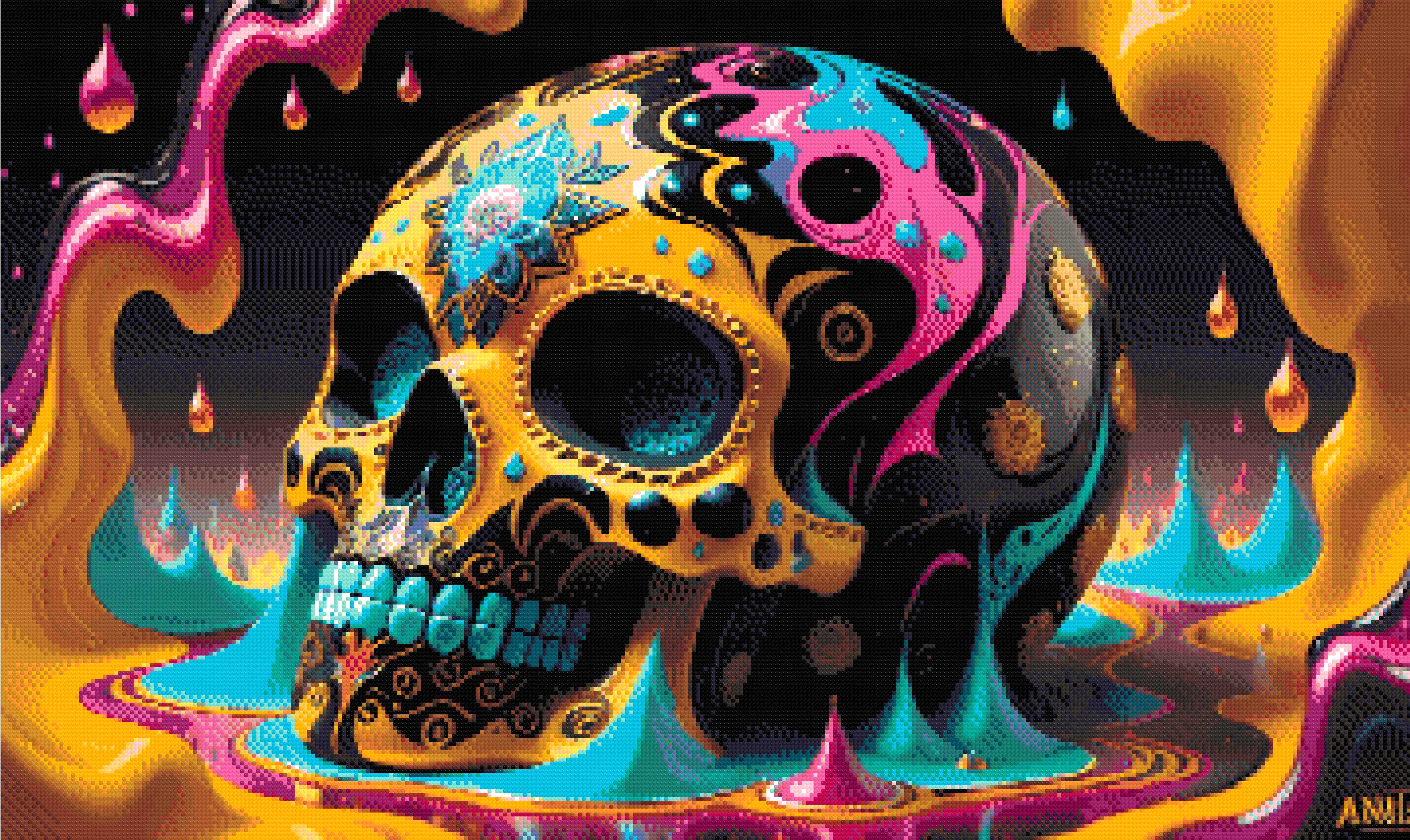A Diamond Painting Rendering Of Colourful Decorative Skull With Intricate Patterns In A Surreal, Vibrant Setting. Size - 100cm X 60cm