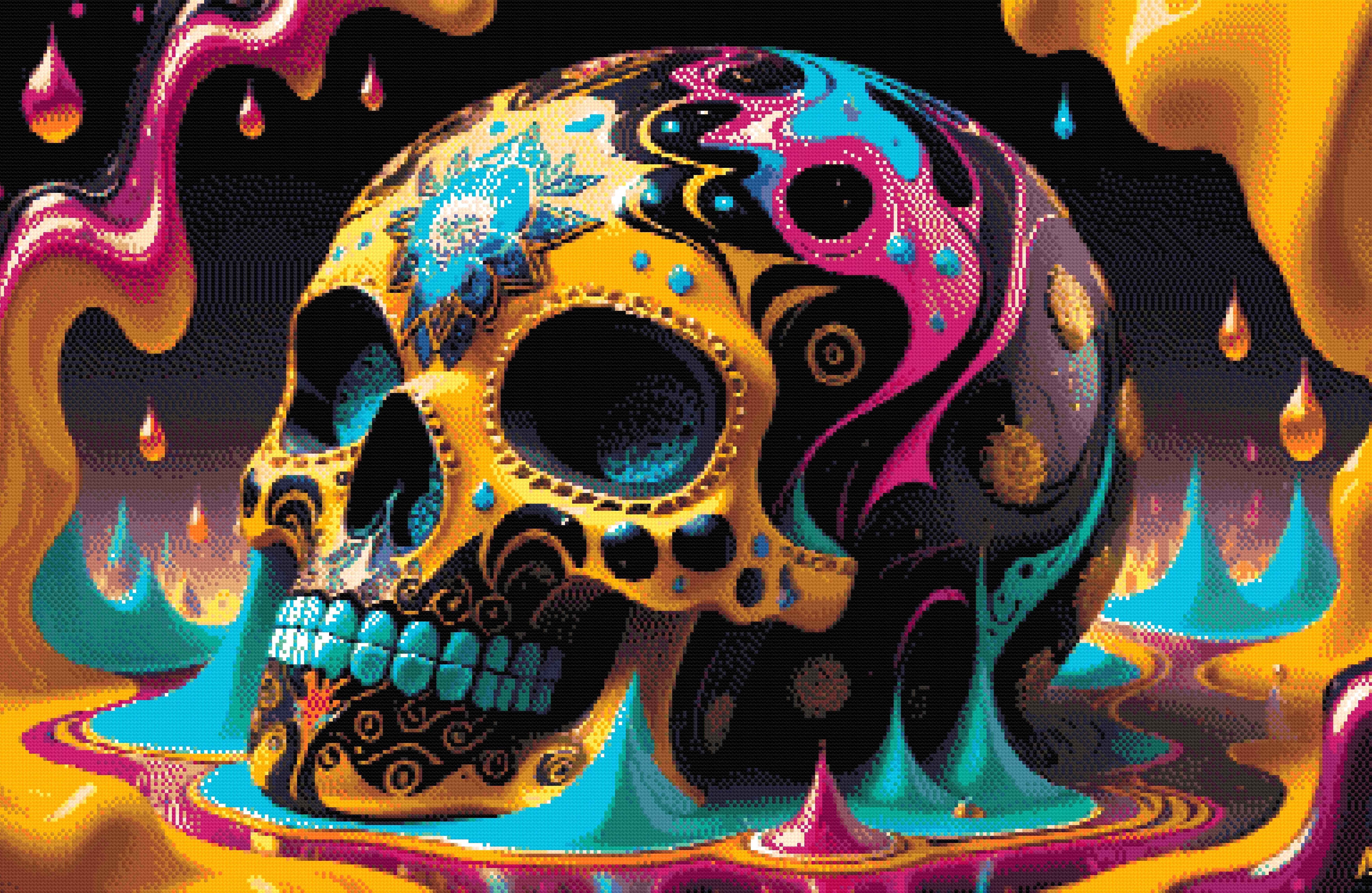 A Diamond Painting Rendering Of Colourful Decorative Skull With Intricate Patterns In A Surreal, Vibrant Setting. Size - 120cm X 70cm