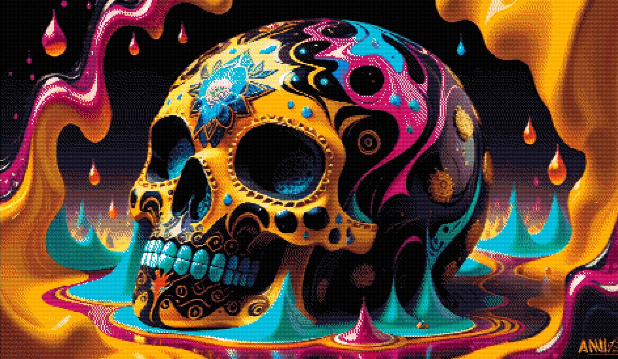 A Diamond Painting Rendering Of Colourful Decorative Skull With Intricate Patterns In A Surreal, Vibrant Setting. Size - 120cm X 70cm