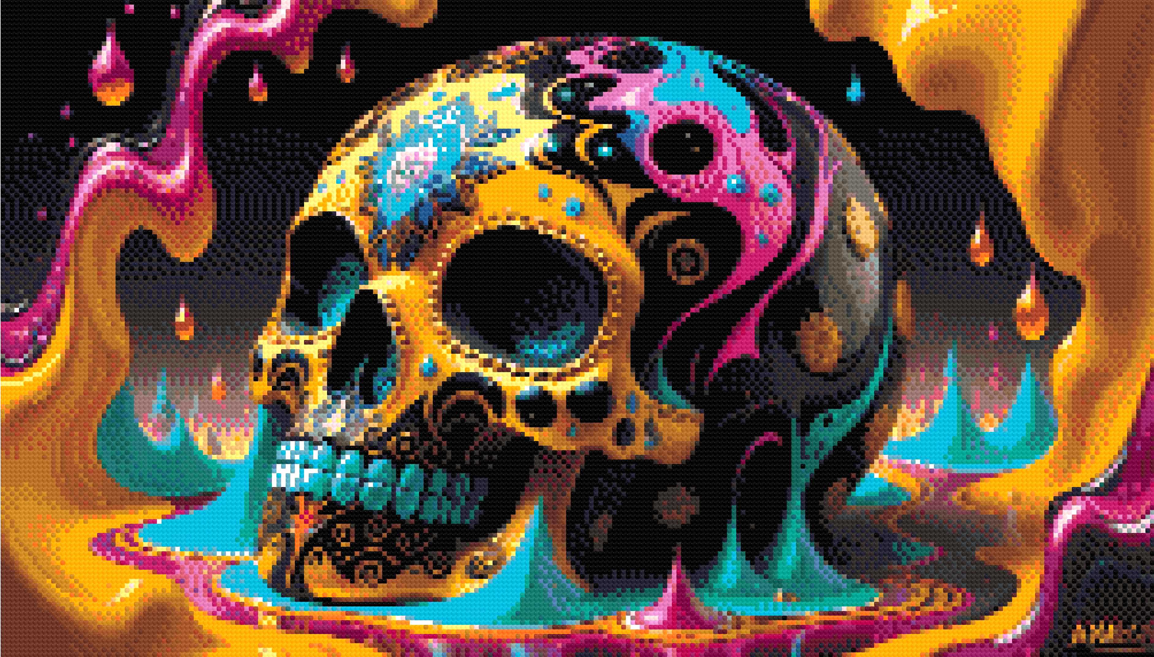 A Diamond Painting Rendering Of Colourful Decorative Skull With Intricate Patterns In A Surreal, Vibrant Setting. Size - 70cm X 40cm