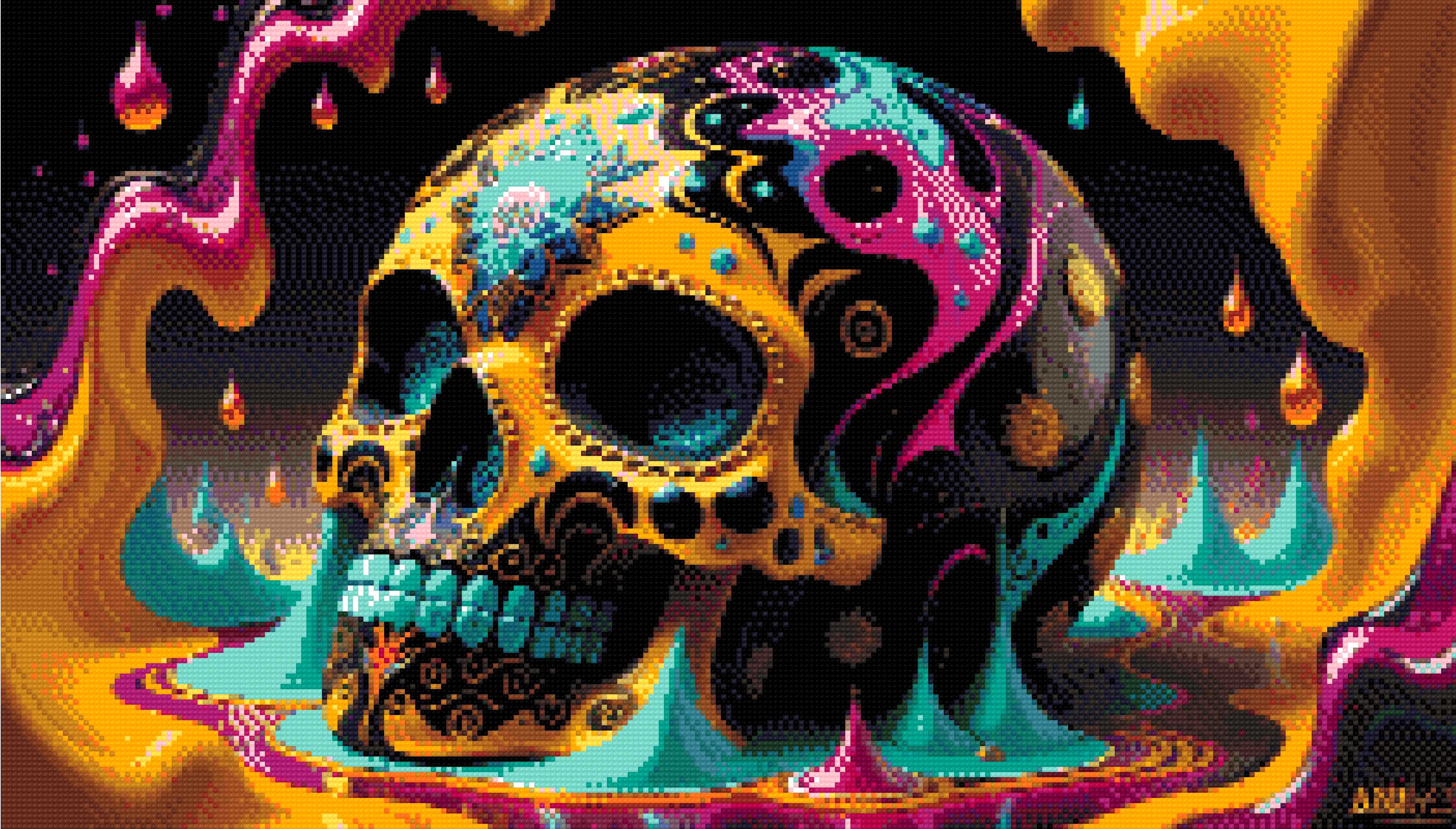 A Diamond Painting Rendering Of Colourful Decorative Skull With Intricate Patterns In A Surreal, Vibrant Setting. Size - 70cm X 40cm