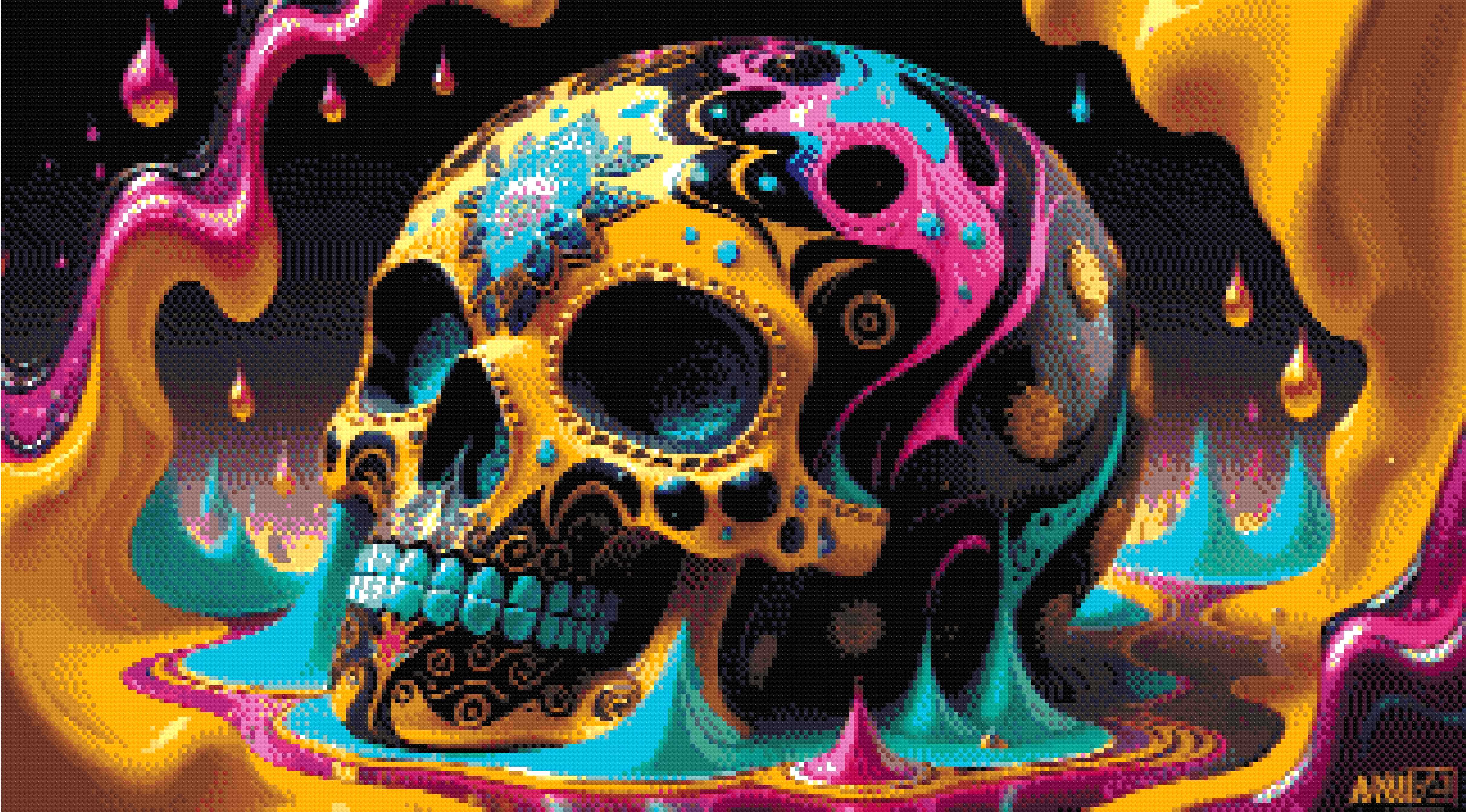A Diamond Painting Rendering Of Colourful Decorative Skull With Intricate Patterns In A Surreal, Vibrant Setting. Size - 90cm X 50cm