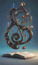 A Diamond Painting Rendering Of A Golden Treble Clef And Musical Notes Spiral Above An Open Music Book Against A Blue Backdrop.. Size - 70cm X 120cm