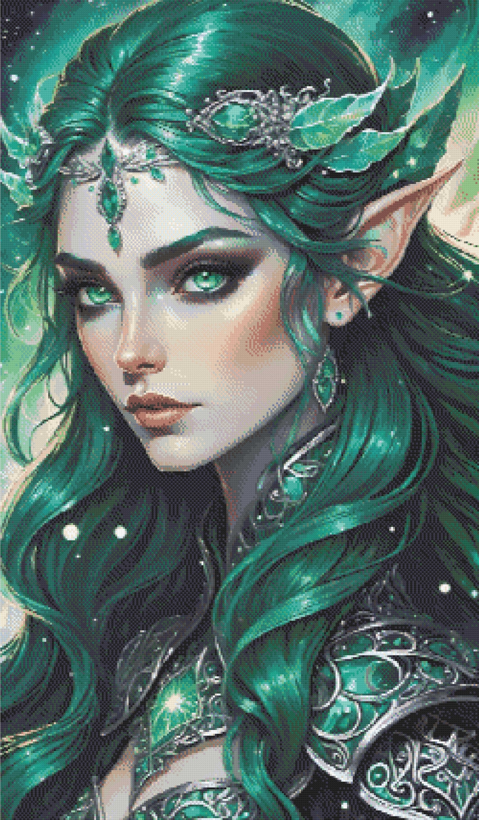 A Diamond Painting Rendering Of Fantasy Portrait Of An Elf Queen With Green Hair And Emerald Eyes, Adorned In Silver. Size - 70cm X 120cm