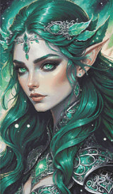 A Diamond Painting Rendering Of Fantasy Portrait Of An Elf Queen With Green Hair And Emerald Eyes, Adorned In Silver.. Size - 70cm X 120cm