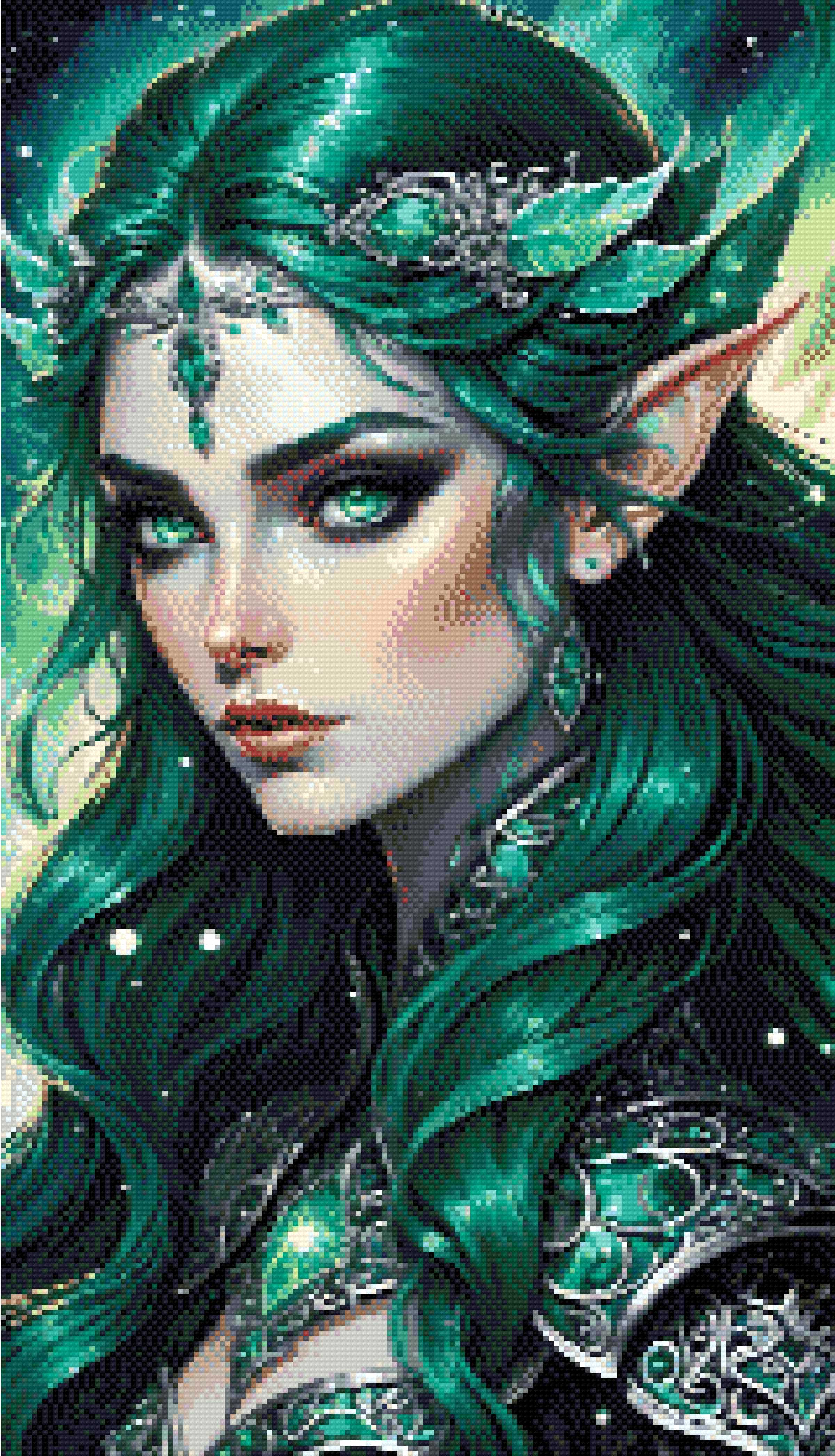 A Diamond Painting Rendering Of Fantasy Portrait Of An Elf Queen With Green Hair And Emerald Eyes, Adorned In Silver. Size - 40cm X 70cm