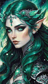 A Diamond Painting Rendering Of Fantasy Portrait Of An Elf Queen With Green Hair And Emerald Eyes, Adorned In Silver. Size - 40cm X 70cm