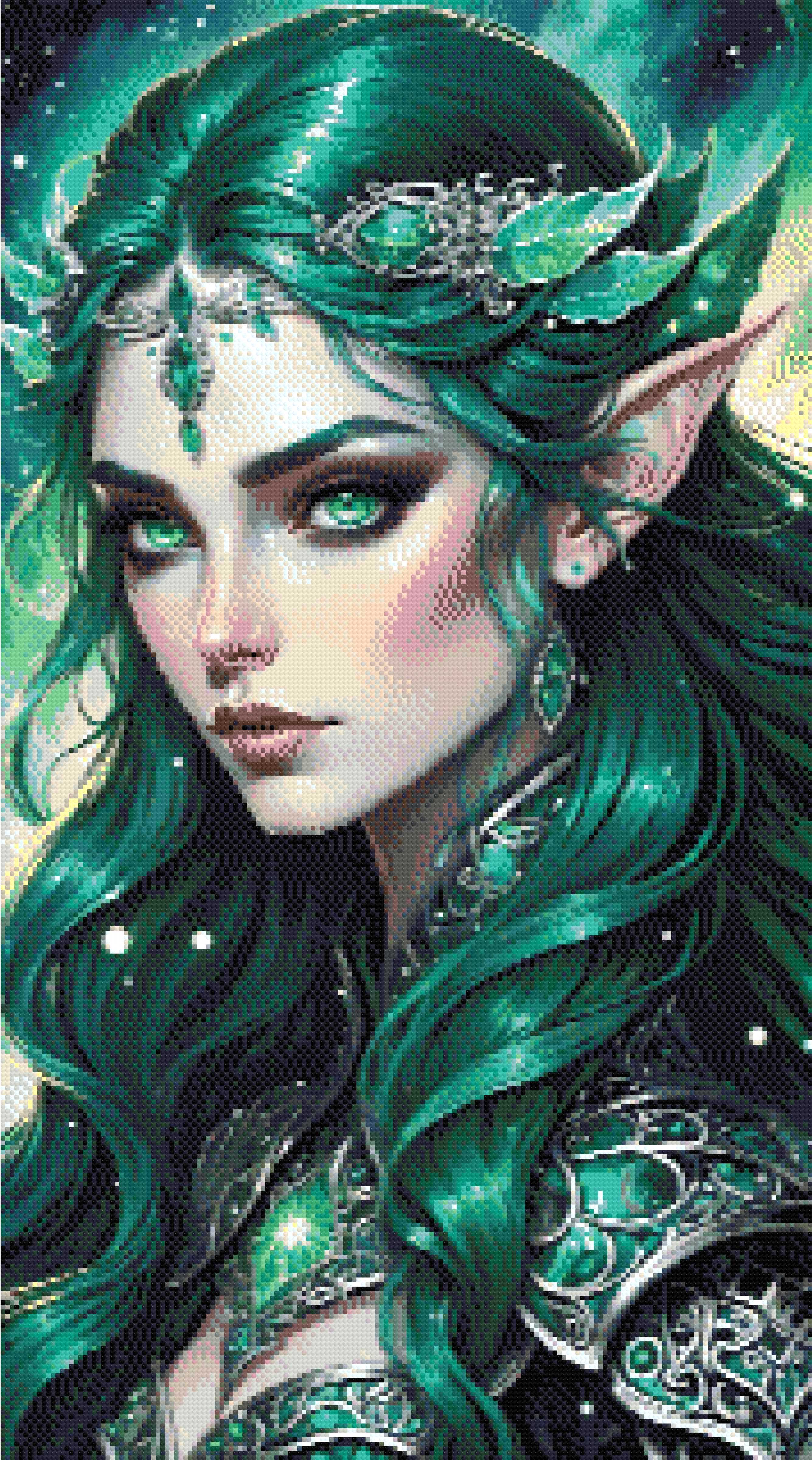A Diamond Painting Rendering Of Fantasy Portrait Of An Elf Queen With Green Hair And Emerald Eyes, Adorned In Silver. Size - 50cm X 90cm