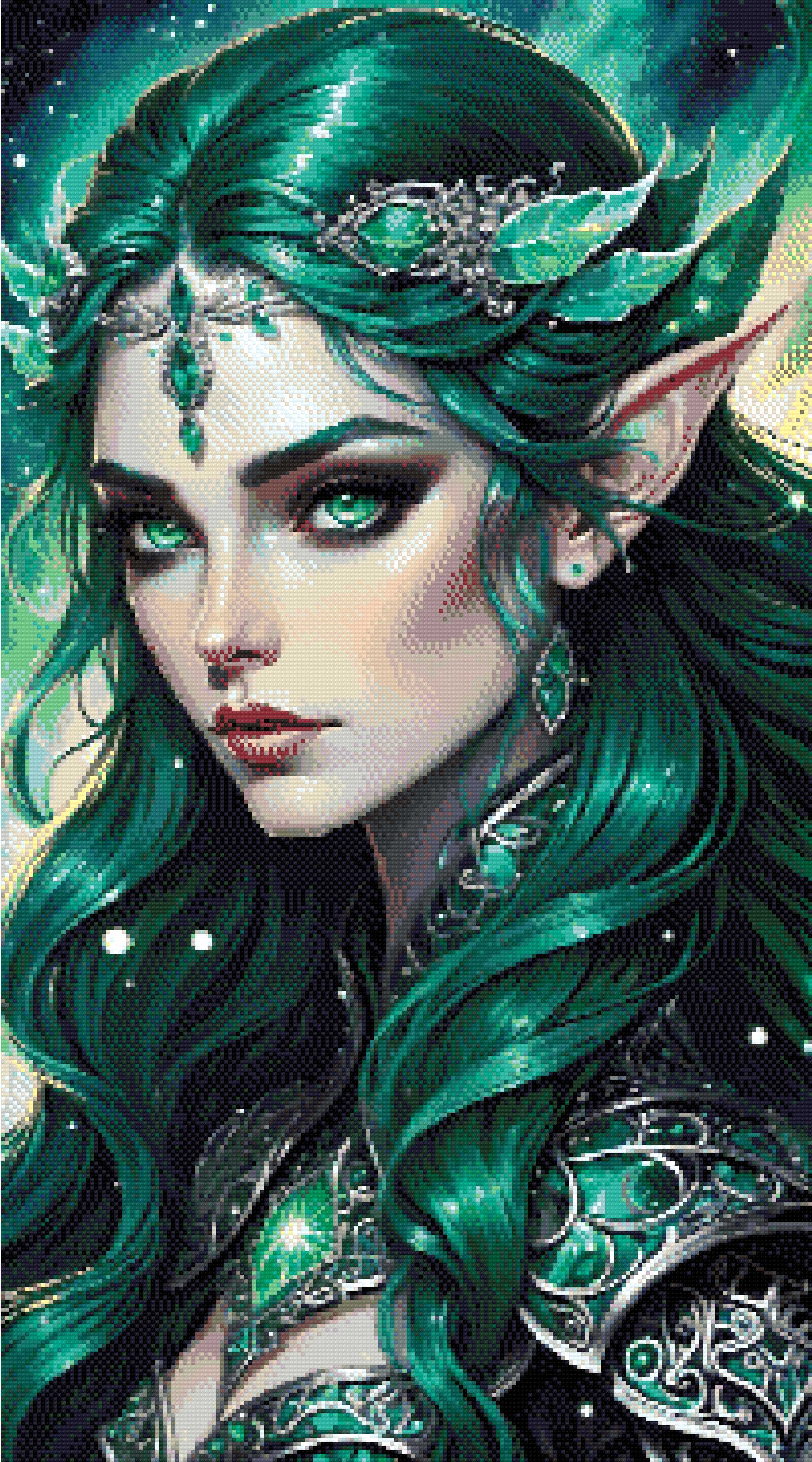 A Diamond Painting Rendering Of Fantasy Portrait Of An Elf Queen With Green Hair And Emerald Eyes, Adorned In Silver. Size - 50cm X 90cm