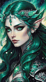 A Diamond Painting Rendering Of Fantasy Portrait Of An Elf Queen With Green Hair And Emerald Eyes, Adorned In Silver. Size - 50cm X 90cm
