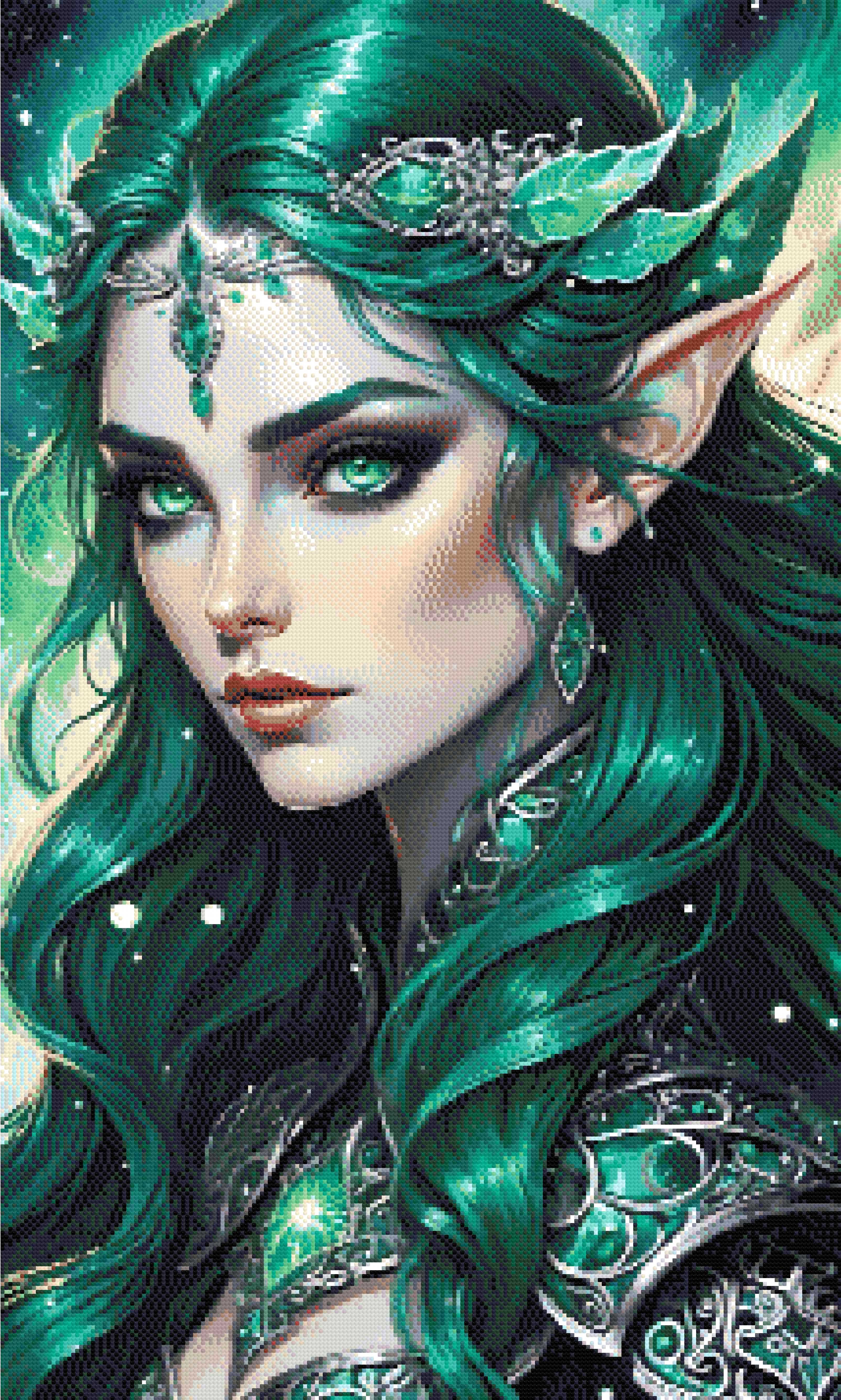 A Diamond Painting Rendering Of Fantasy Portrait Of An Elf Queen With Green Hair And Emerald Eyes, Adorned In Silver. Size - 60cm X 100cm