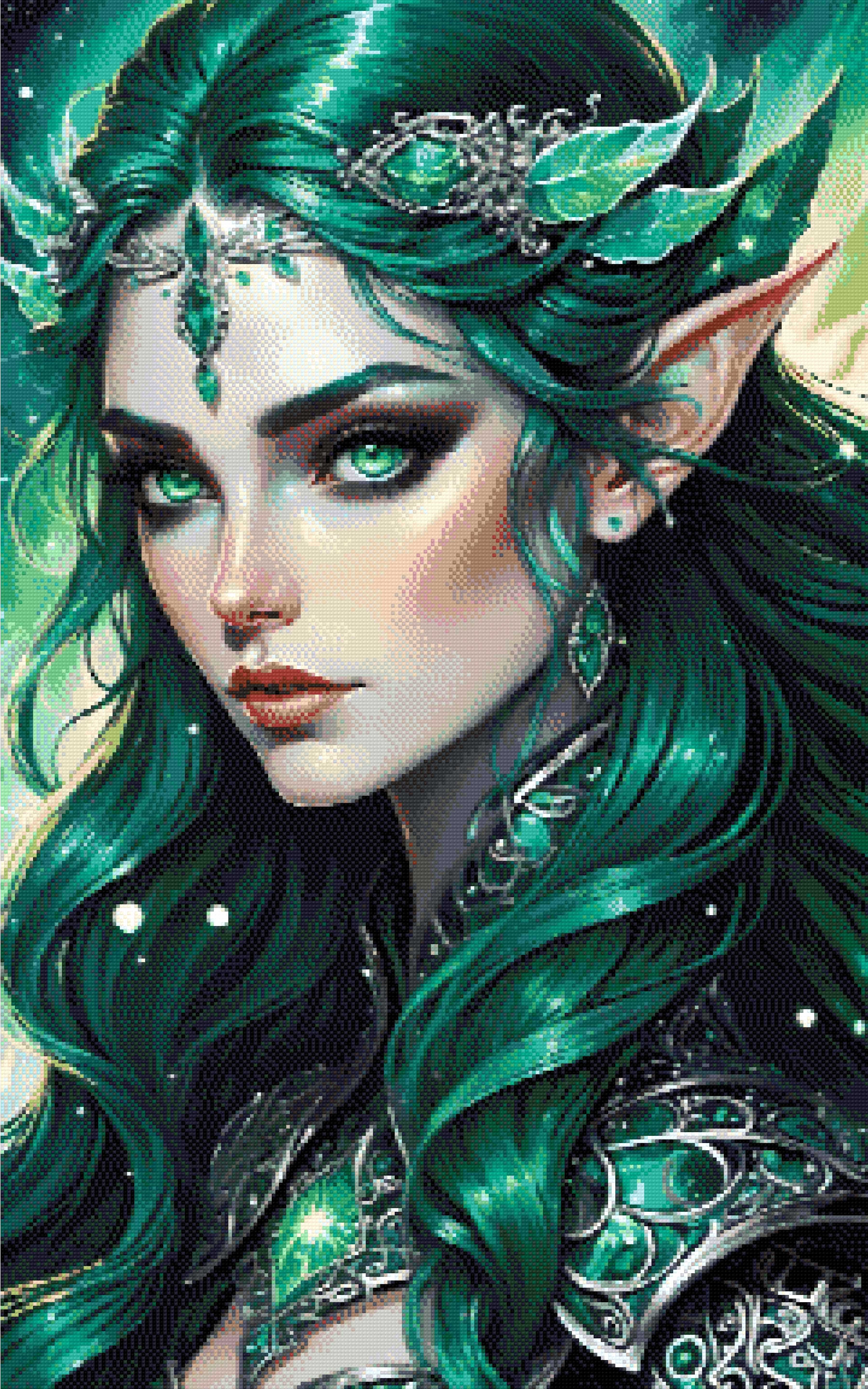 A Diamond Painting Rendering Of Fantasy Portrait Of An Elf Queen With Green Hair And Emerald Eyes, Adorned In Silver. Size - 60cm X 100cm