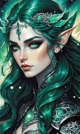 A Diamond Painting Rendering Of Fantasy Portrait Of An Elf Queen With Green Hair And Emerald Eyes, Adorned In Silver. Size - 60cm X 100cm