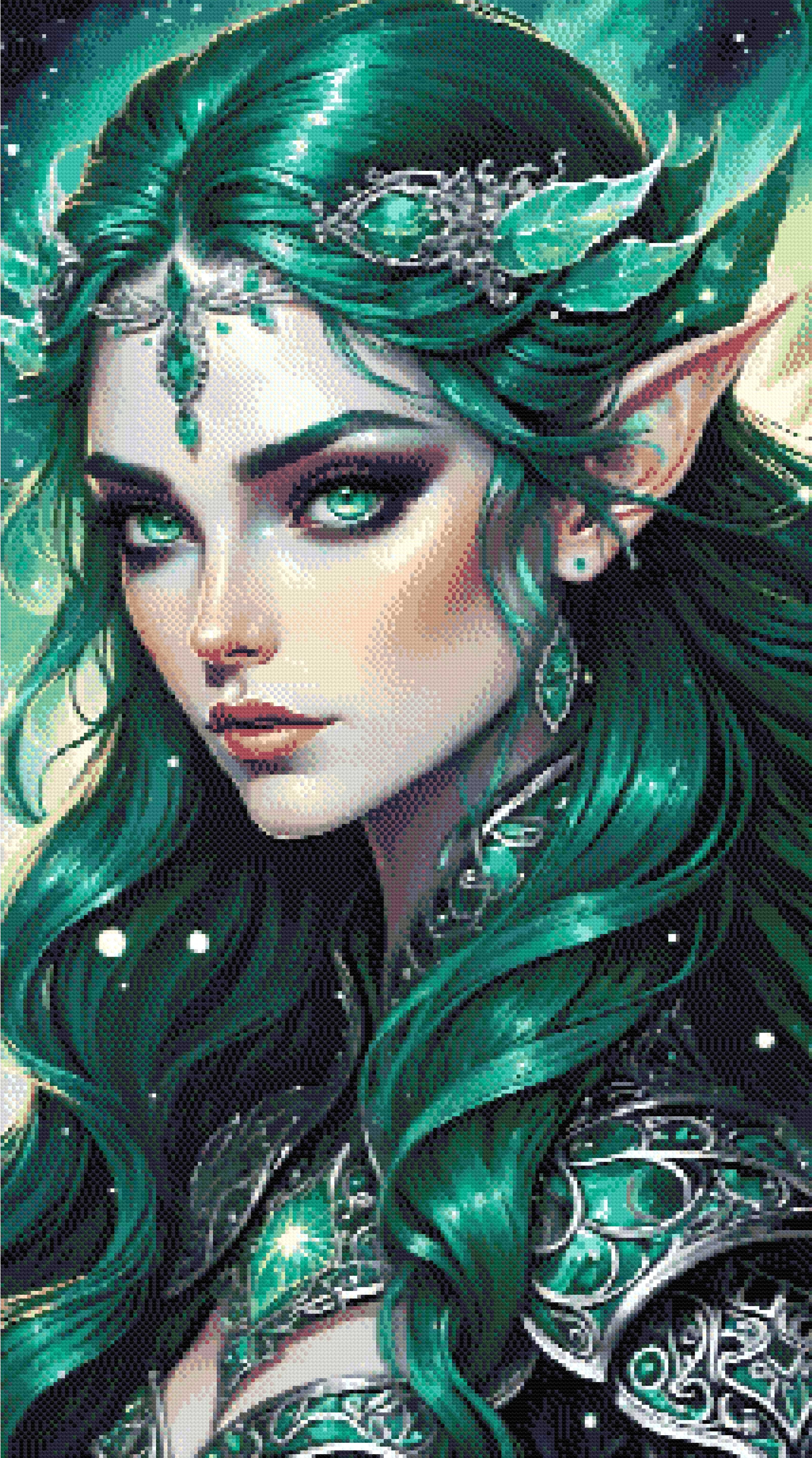A Diamond Painting Rendering Of Fantasy Portrait Of An Elf Queen With Green Hair And Emerald Eyes, Adorned In Silver. Size - 60cm X 110cm