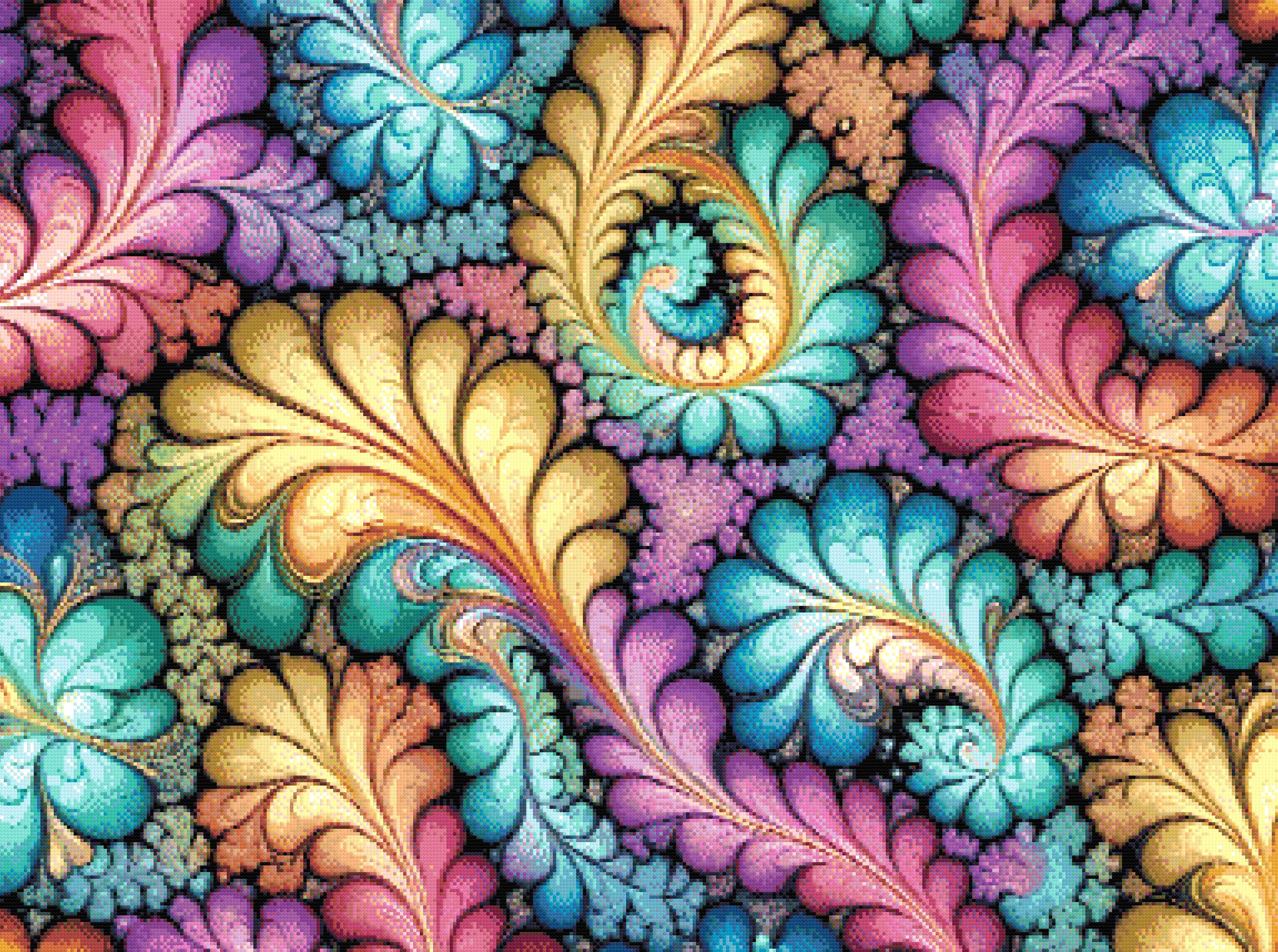 A Diamond Painting Rendering Of Colourful Fractal Art With Swirling Patterns Resembling Flower Petals In Multiple Hues. Size - 110cm X 80cm